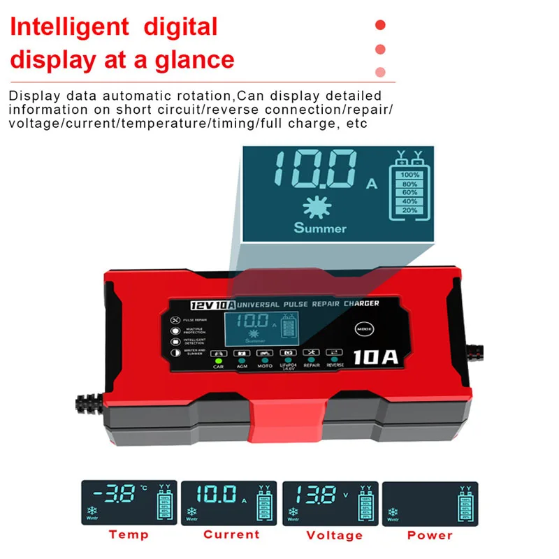 Caricabatteria da auto 12V 10A per Lifepo4 piombo acido AGM GEL PB caricabatteria da auto caricabatteria da auto riparazione a impulsi caricabatterie intelligente Display LCD