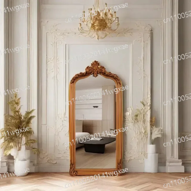 Custom Large Antique Carved Wooden Framed Full Length Mirror Arch Wall Mirror for Bedroom Living Room Dressing Decor