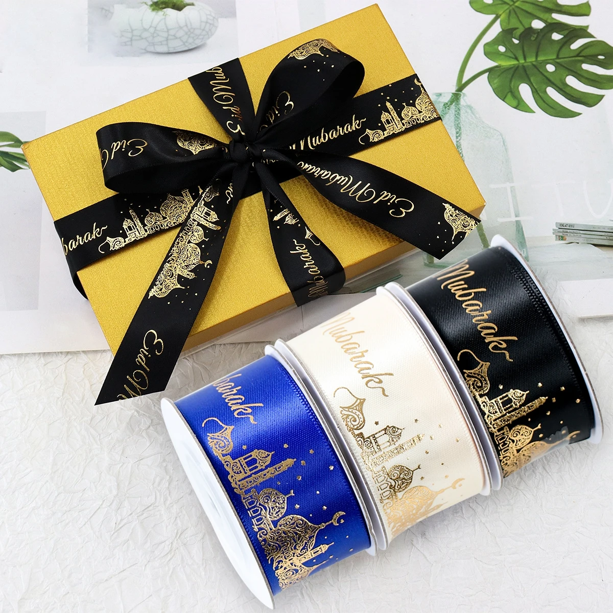 2,5 cm 5 Yards Goldene Druck Roller Bänder Eid Mubarak Festival Verpackung Band Wrap Papier Geschenke Islamischen Muslimischen Party liefert
