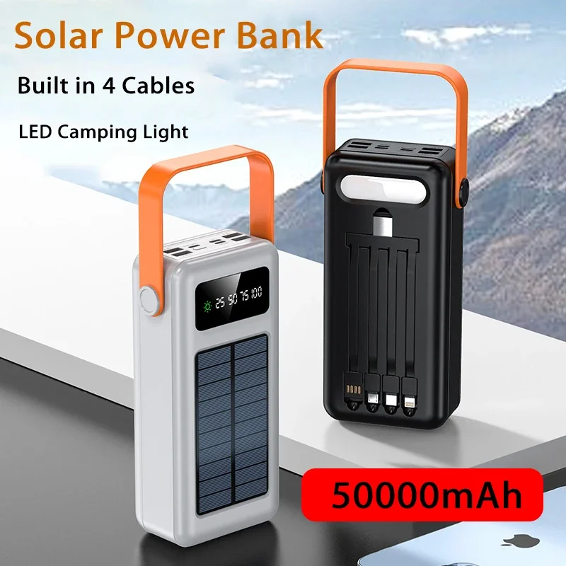 Solar Power Bank Charger 50000mAh Large Capacity Built in Cable Portable Solar Charging External Battery Packy for iPhone Xiaomi