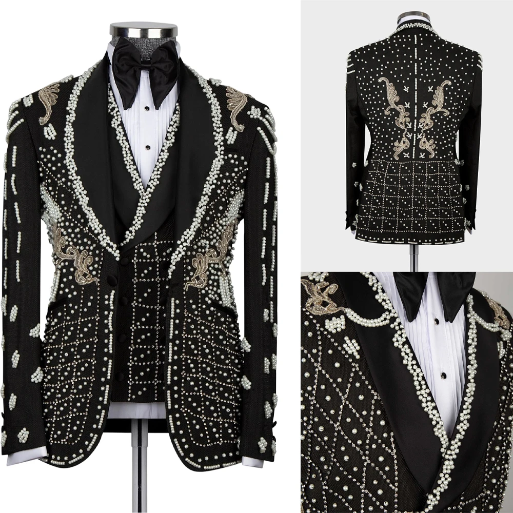 

Luxury Wedding Tuxedos Beads 2-Piece Blazer Pearls Single Breasted Formal Prom Jacket Slim Fit Custom Made trajes para hombre