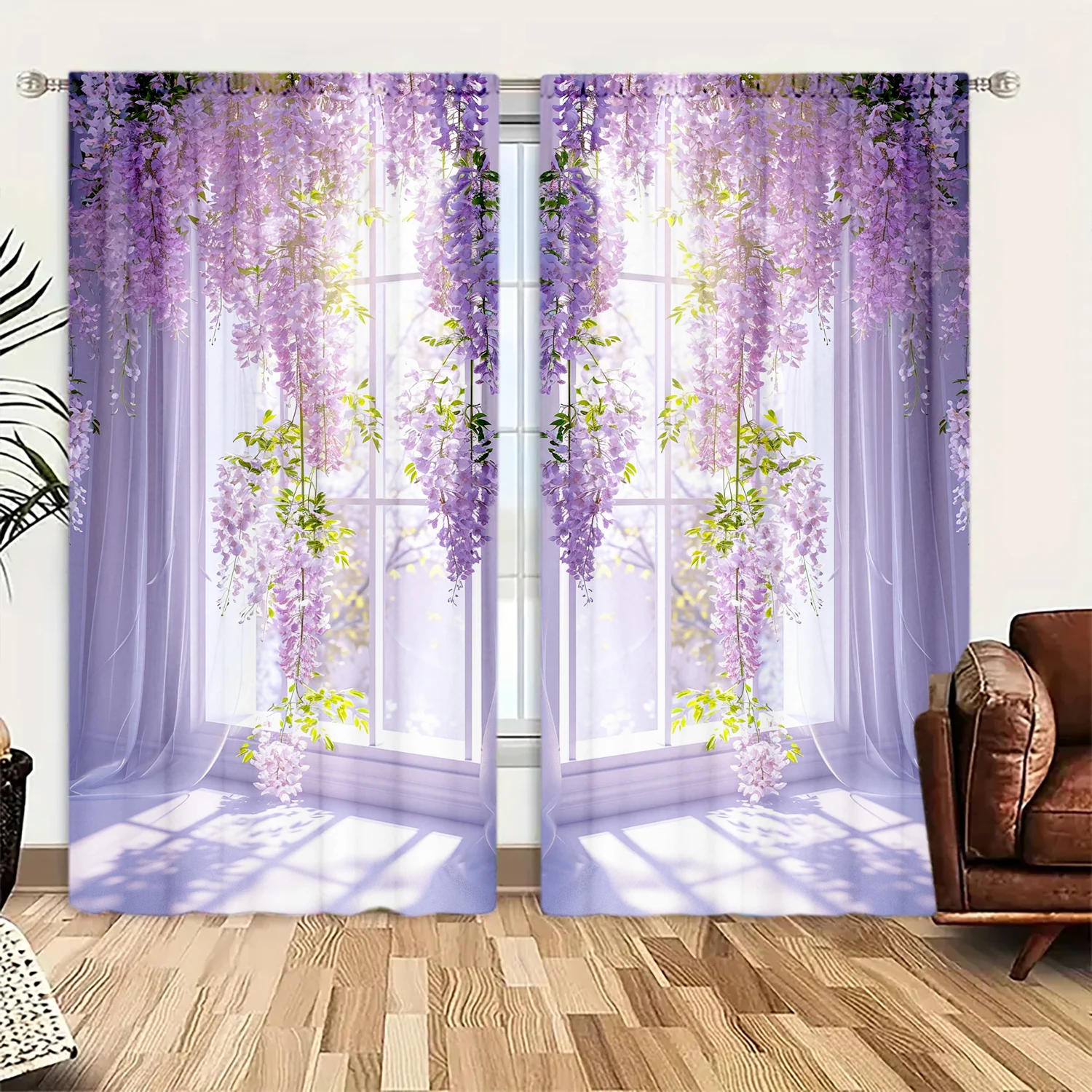 

2pcs Wisteria Sinensis Printed Curtain for Home Decor - Rod Pocket Window Treatment for Bedroom, Office, Kitchen