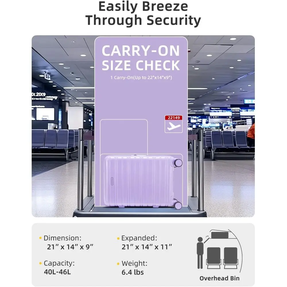 Mala de mão lavanda de 20 polegadas com rodas giratórias, expansível, trava TSA, PC + ABS Hardshell para viagens