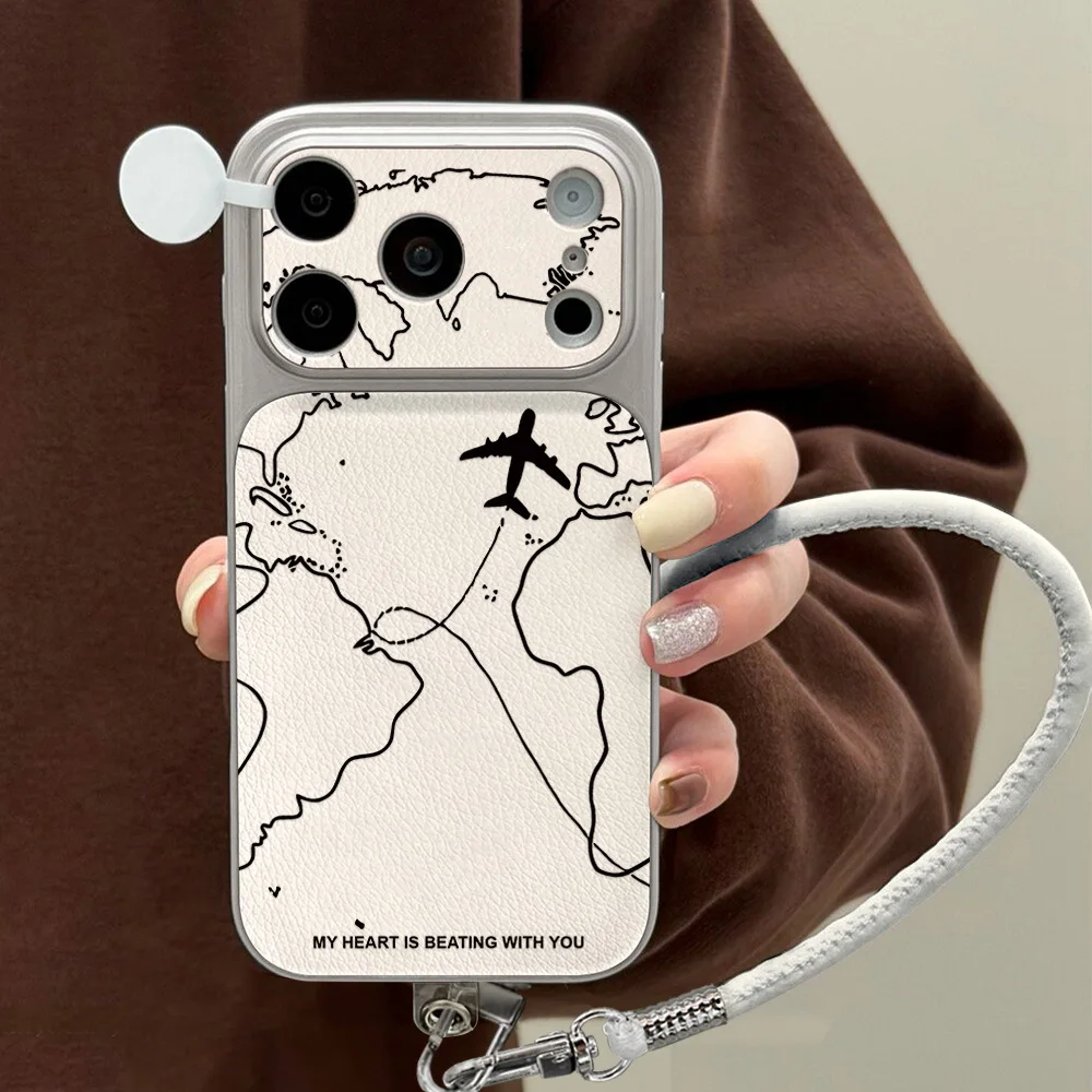 Travel-Inspired Airplane Route Phone Case For iPhone 17 Pro 16 13 14 15 Pro Max 12 11 Leather Soft Silicone Cover With Lanyard