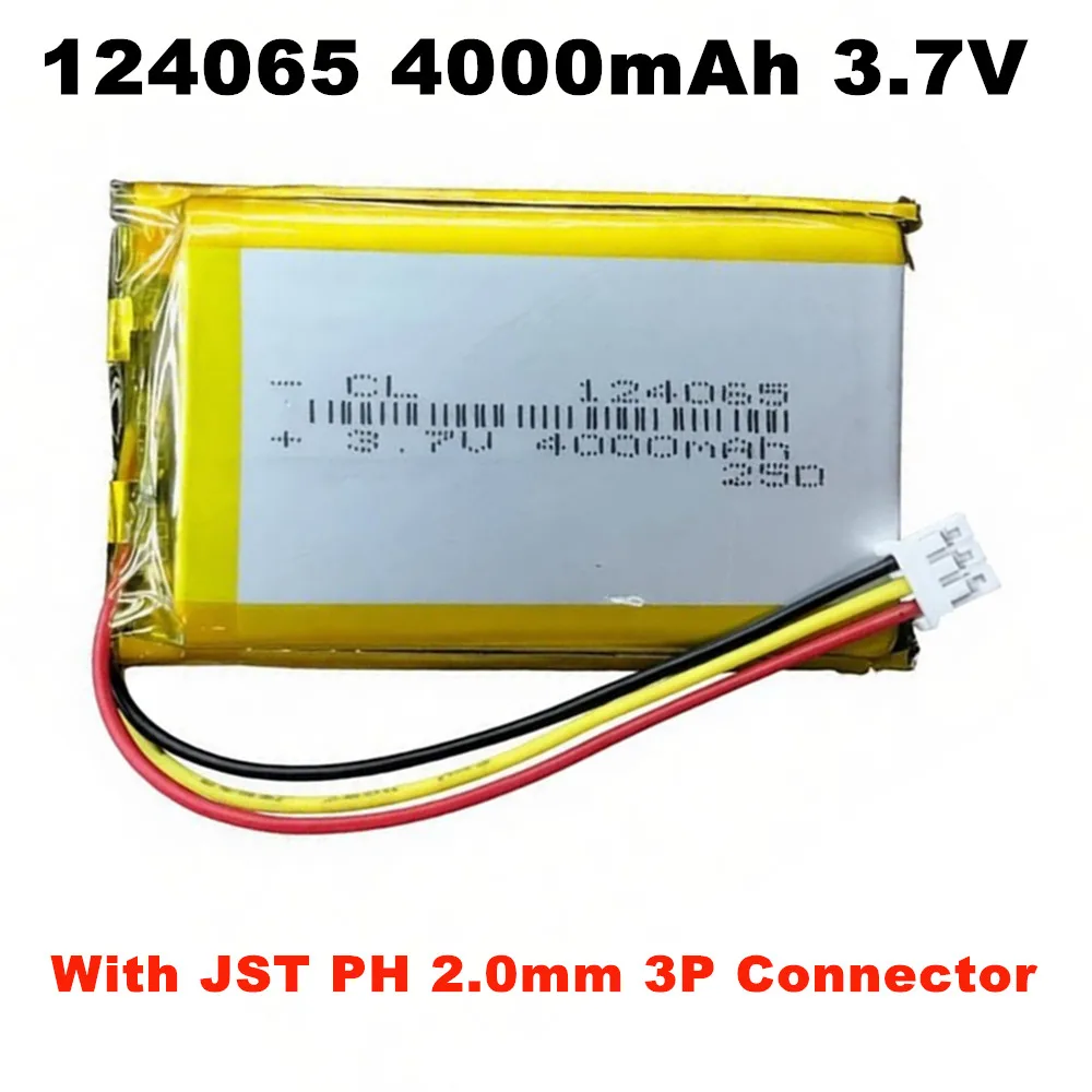 124065 Polymer Lithium Battery 3.7V 4000mAh With JST PH 2.0mm 3Pin Connector For MP3 Hand Warmers Speaker Medical Devices Camera