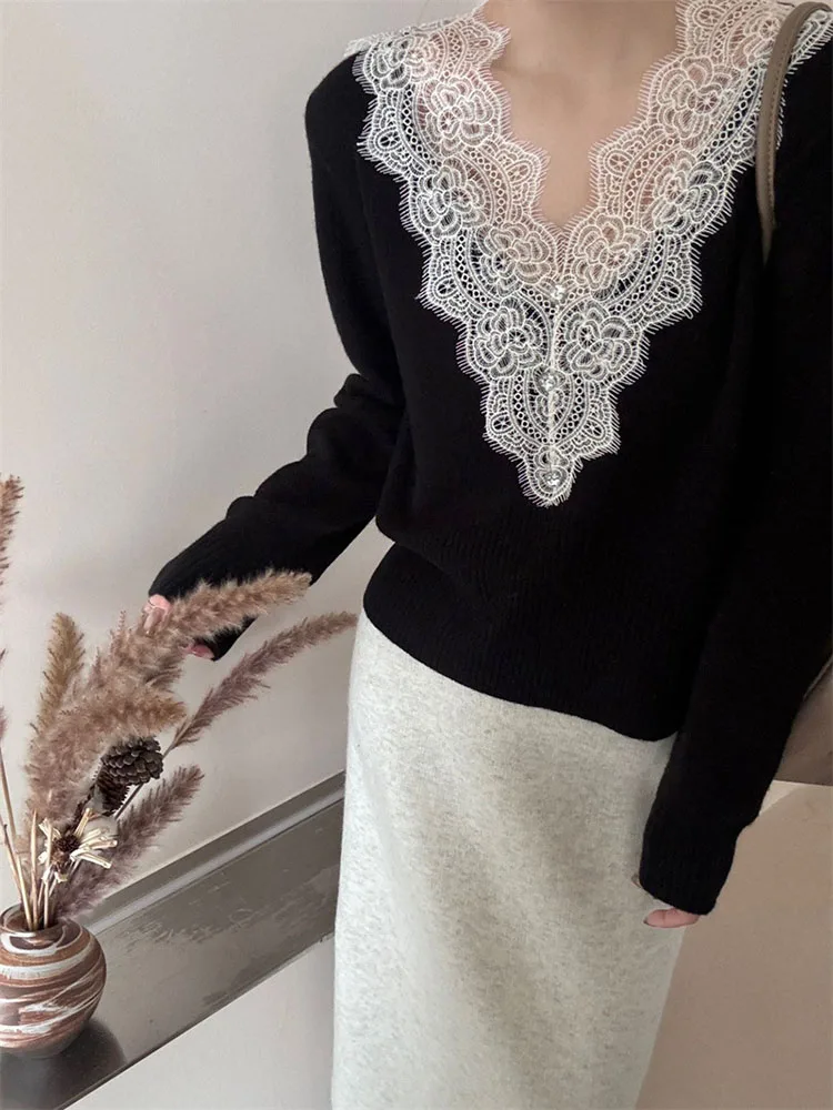 Women's V-neck Lace Sweater Spring Autumn Solid Color Splicing Pullover Tops French Fashion Elegant Female Knitted Top