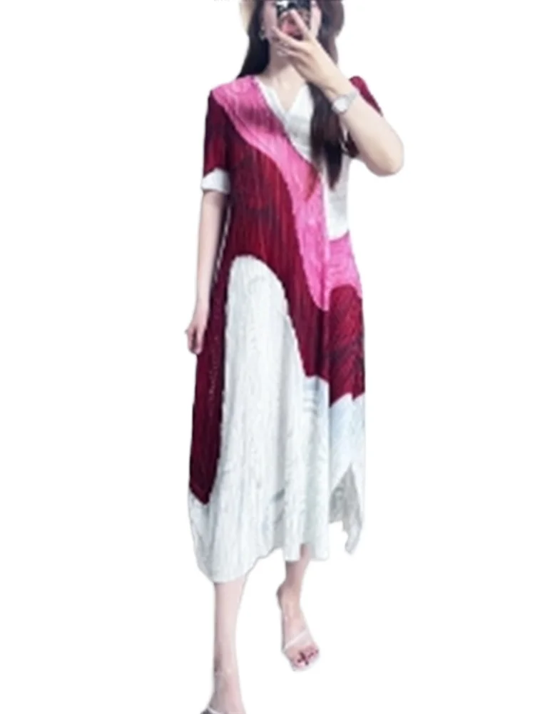 

Miyake Pleated Skirt for Women 2025 Summer New Fashion Printed High-end Casual Short-sleeved Round Neck Pleated Mid-length Dress