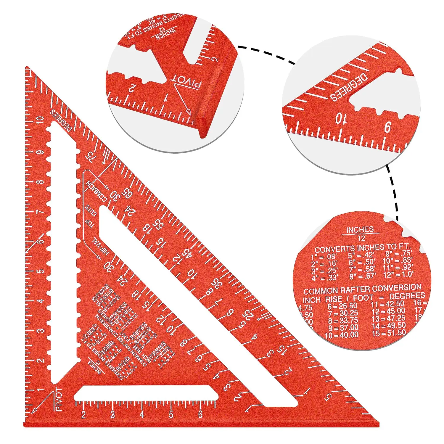 7/12 Zoll Aluminium-Dreieckslineal, Tischler-Messlayout-Werkzeug, quadratischer und metrischer/impernischer Winkelmesser für die Holzbearbeitung – Detail 17