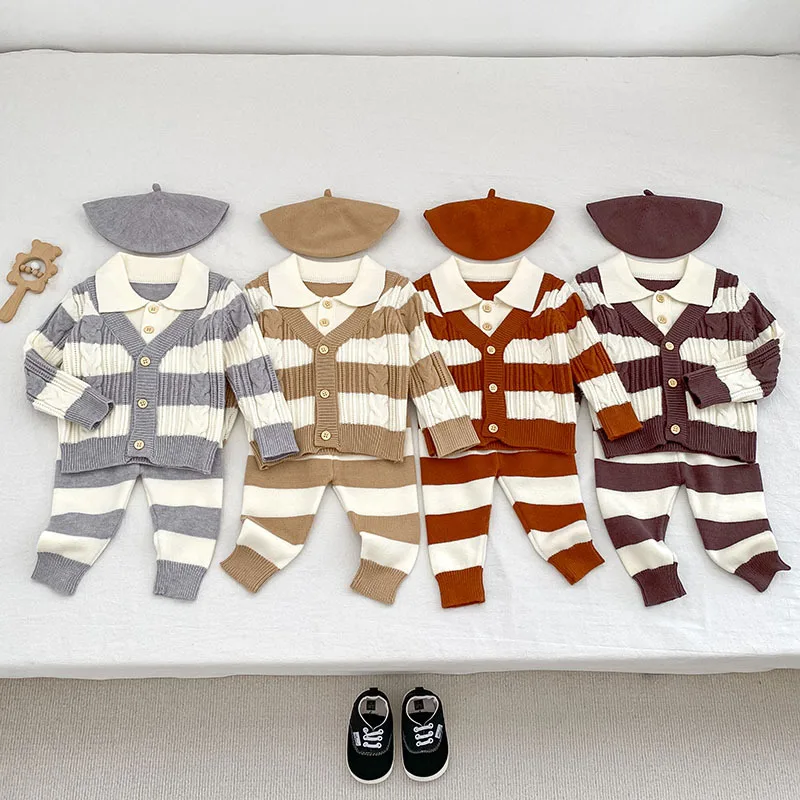 

Autumn Baby Boys Outfits Spring Long Sleeved Knitted Cardigan Sweater+Pant and Cap Autumn Sets Newborn Infant Girls Clothes Suit