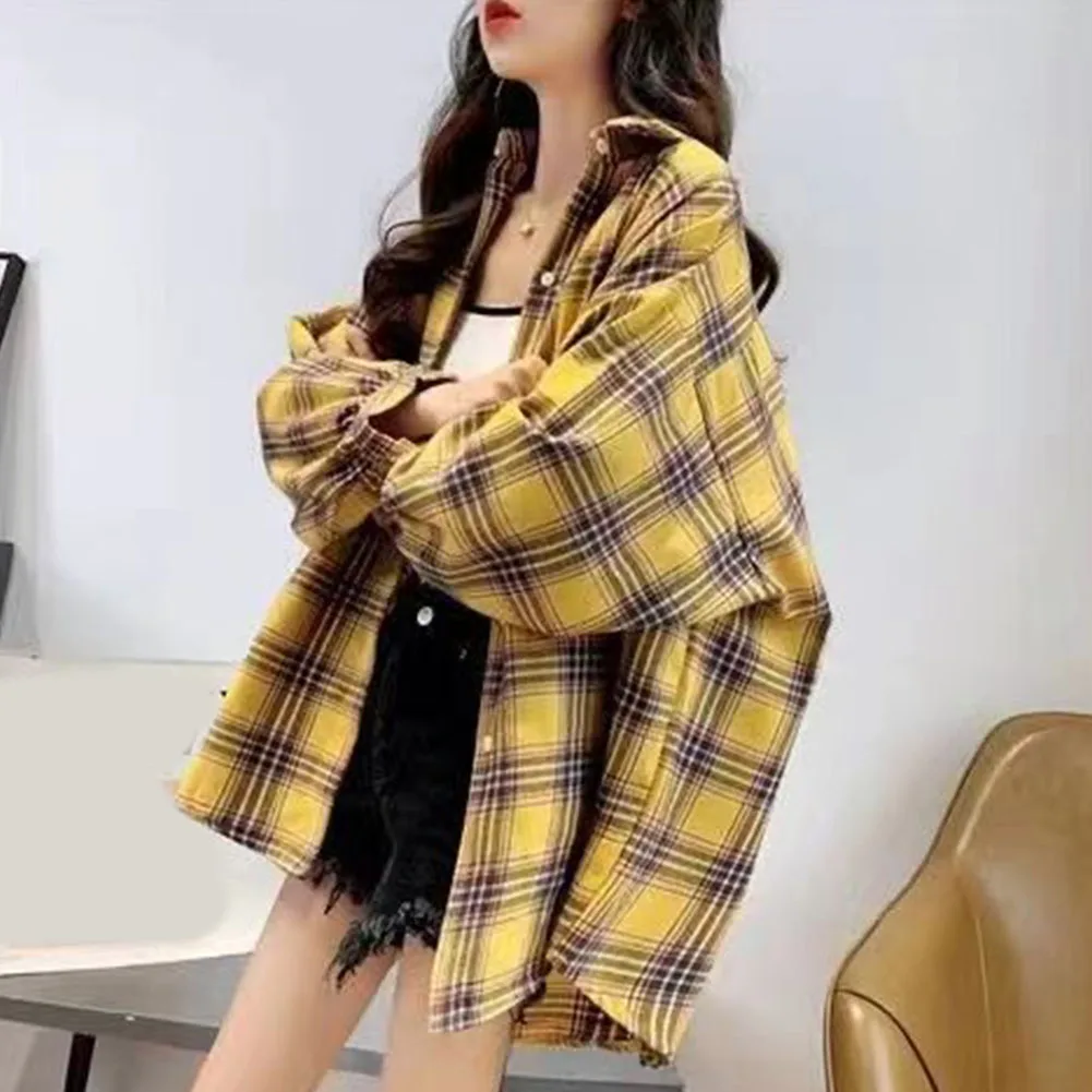 여성용 루즈핏 레트로 체크무늬 셔츠 재킷, 싱글 버튼, 긴 소매, 체크 패턴, 캐주얼 스트릿 스타일