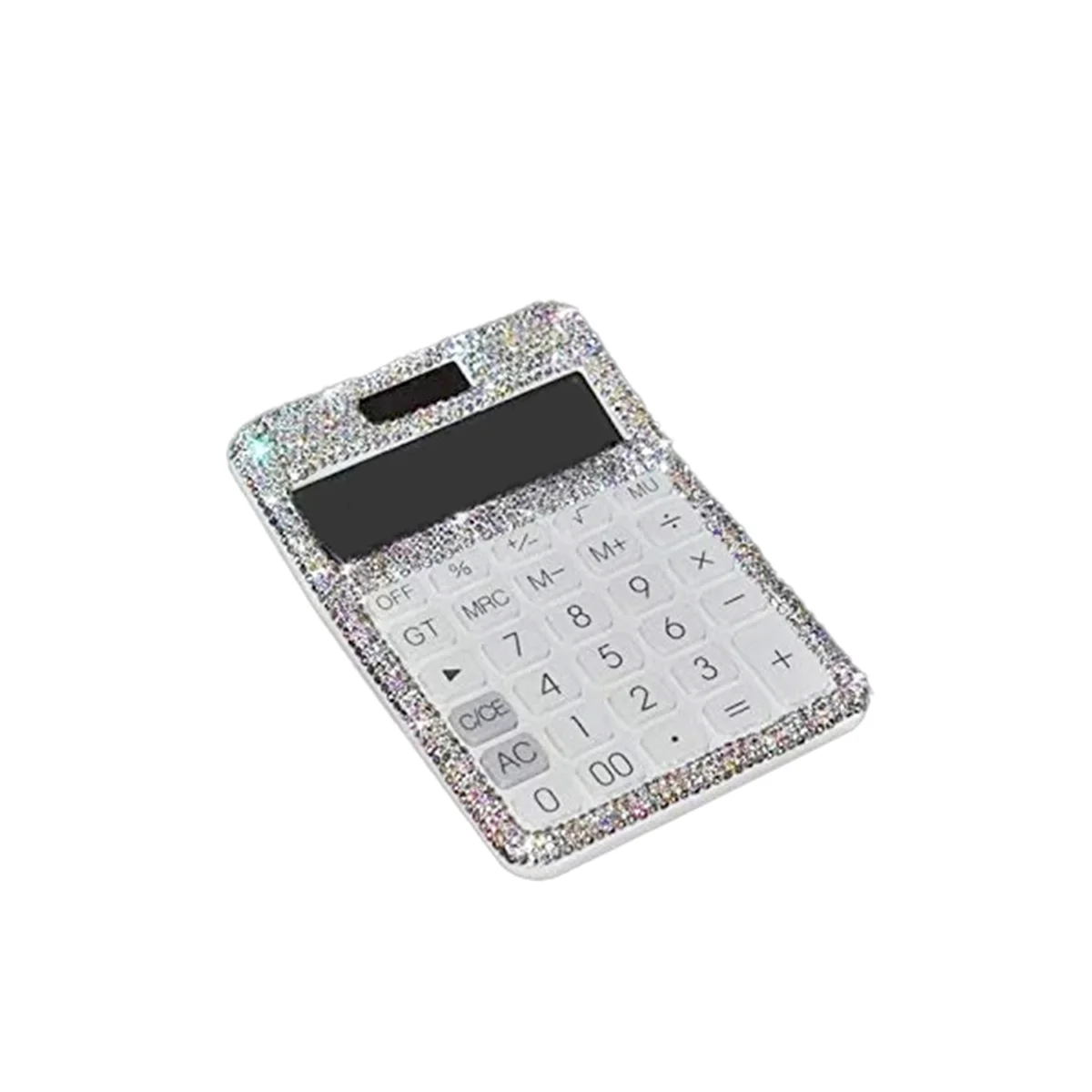 Rhinestone Crystal Dazzling 12 Digit Solar and Battery Dual Power ,LCD Display Calculator for Office, School White