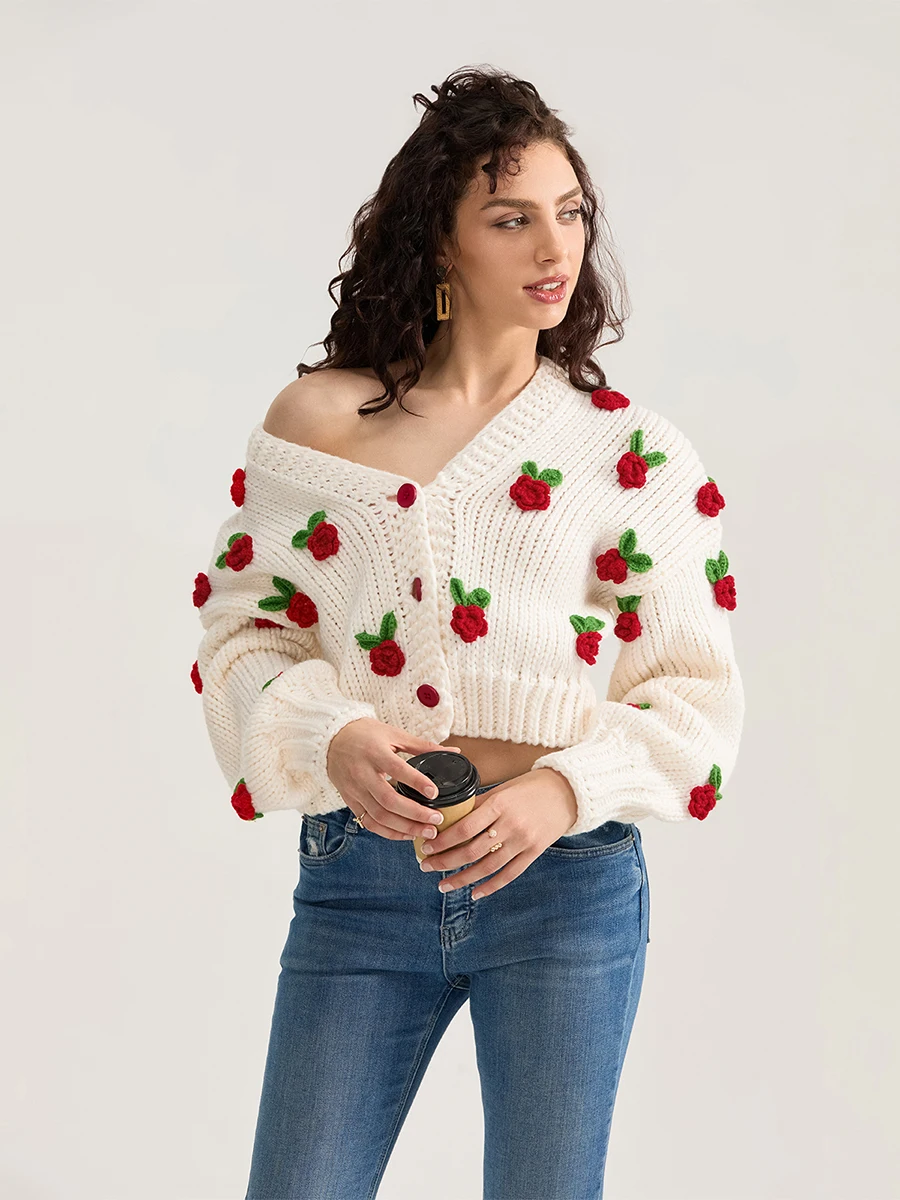 Cardigan en tricot pour femme, manches longues, fermeture à boutons floraux, veste décontractée d'automne, pull