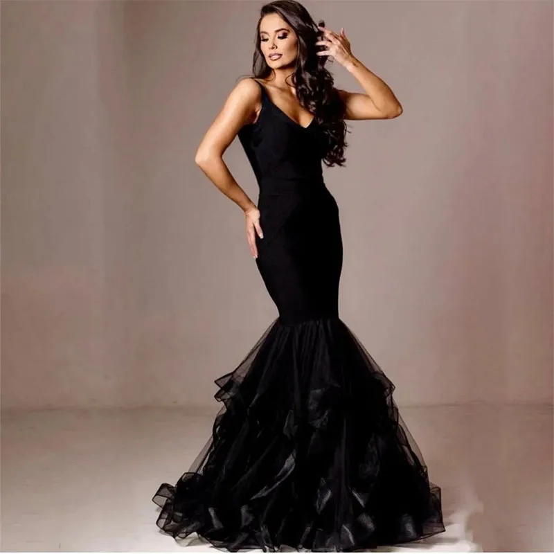 

Elegant Long Black Evening Dresses Mermaid Ruffled Floor Length Formal Prom Dresses Vestidos de noche for Women