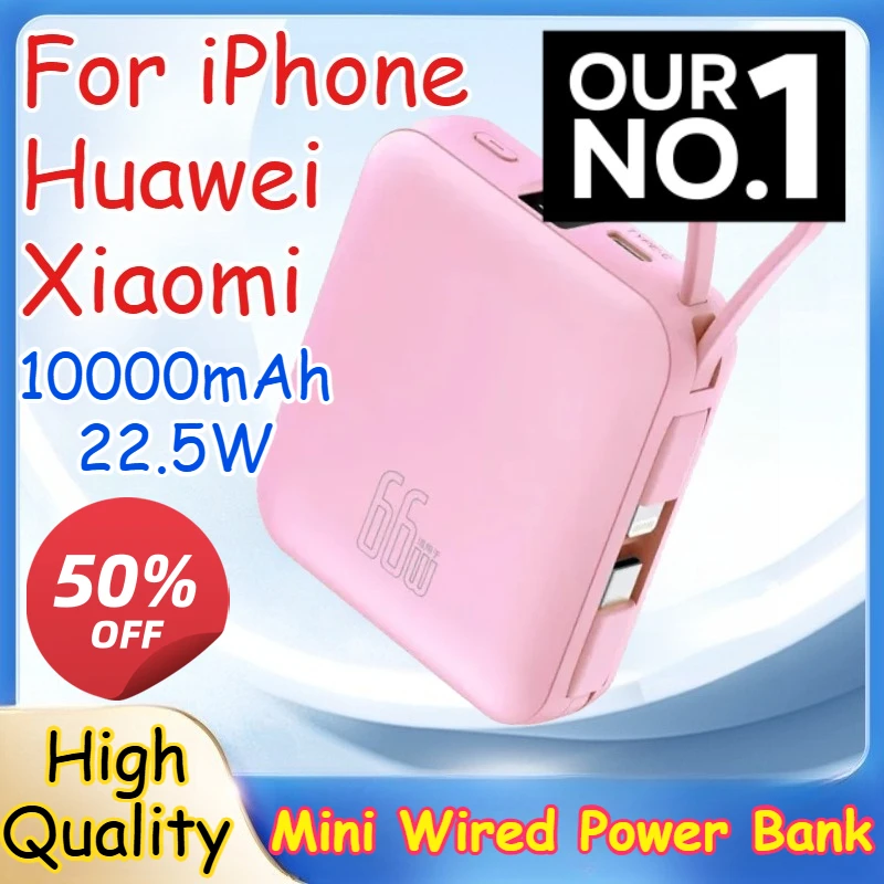 

10000mAh 22.5W Mini Wired Power Bank for IPhone 16 Samsung Huawei Super Fast Charging Compact and Portable with A Built-in Cable