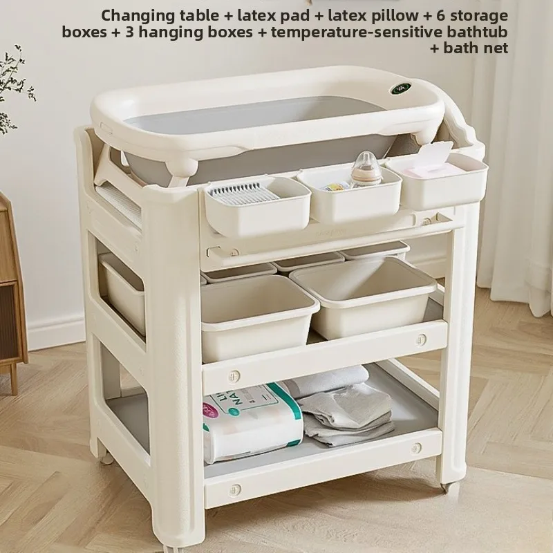 Picture 5: Baby Diaper Changing Table & Bath Station, Movable Infant Care & Storage Cabinet, Two-Layer Organization with Soft-Cushion Top