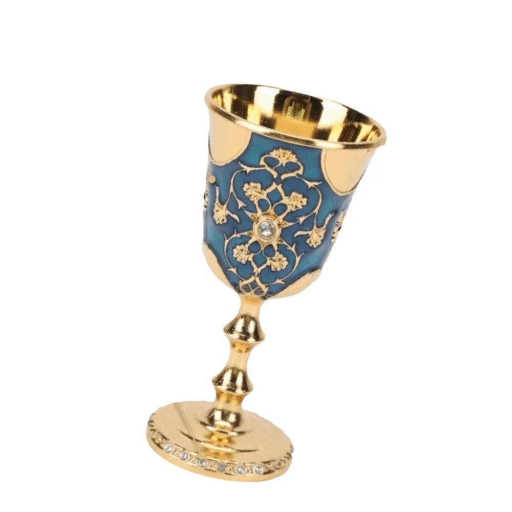 Vintage Blue Enamel Medieval Wine Goblet Rhinestone Embedded Vintage Wine Cup Drinking Cup Wine