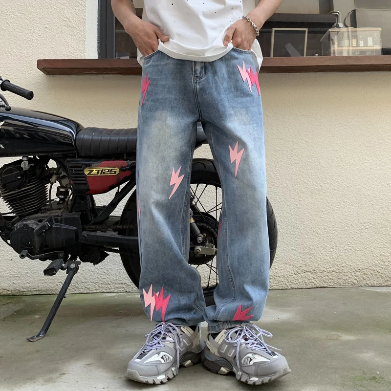 

New Retro Washed Vintage Trendy Straight Leg Pants With Personalized Lightning Labeling Embroidered Jeans For Men