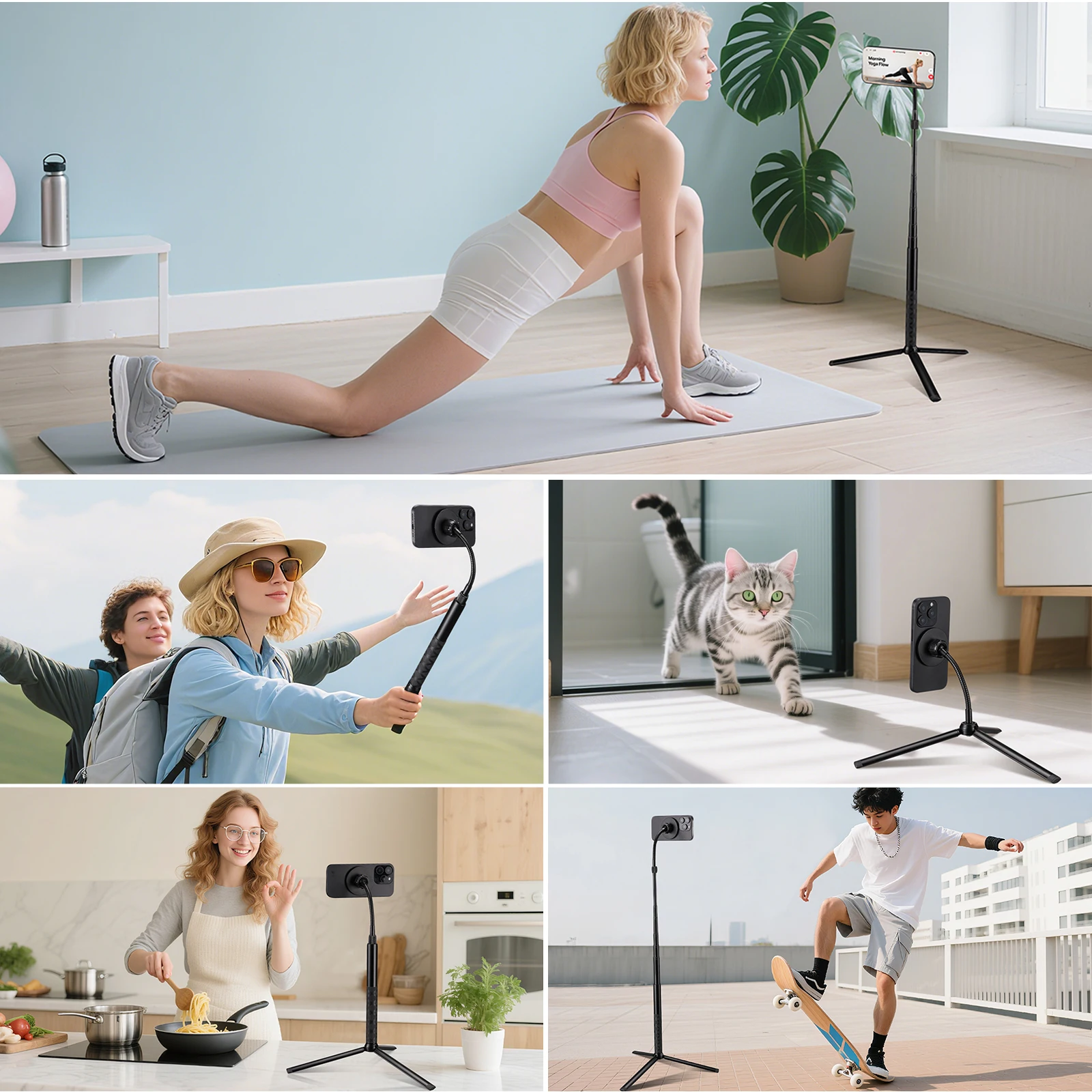 Tripé de telefone magnético com pescoço de ganso flexível de 60 polegadas para iPhone e Android Suporte portátil de alumínio para celular para selfies