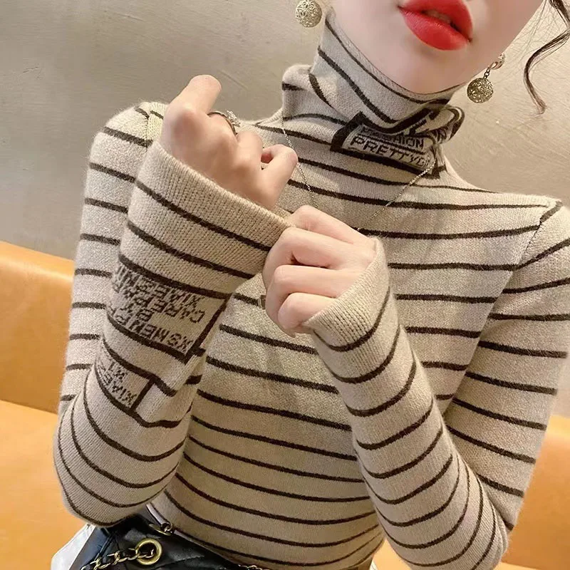 Women Clothing Striped Sweaters Spring Knitted Top Simple Fashion Turtleneck Casual Pullovers Female Soft Elasticity Slim Jumper