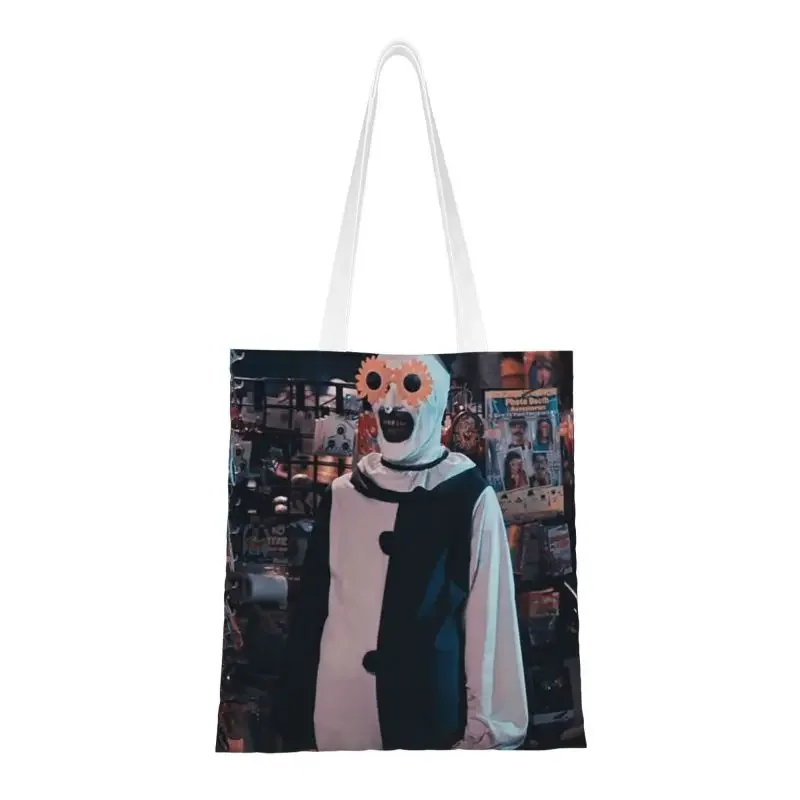 Terrifiers Girl Halloween Horror Movie Groceries Shopping Bag Funny Printing Canvas Shopper Shoulder Tote Bags Portable Handbag