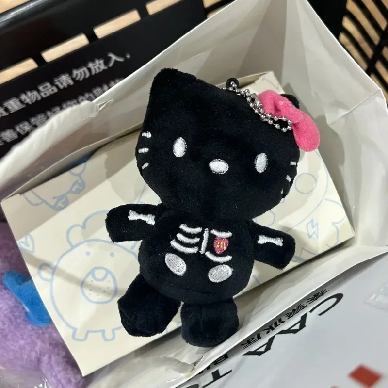 Sanrios Hellokittys Black Leather Skull Creative Cartoon Plush Doll New Anime Kawaii Funny Toy Bag Pendant Ugly Keychain Gift