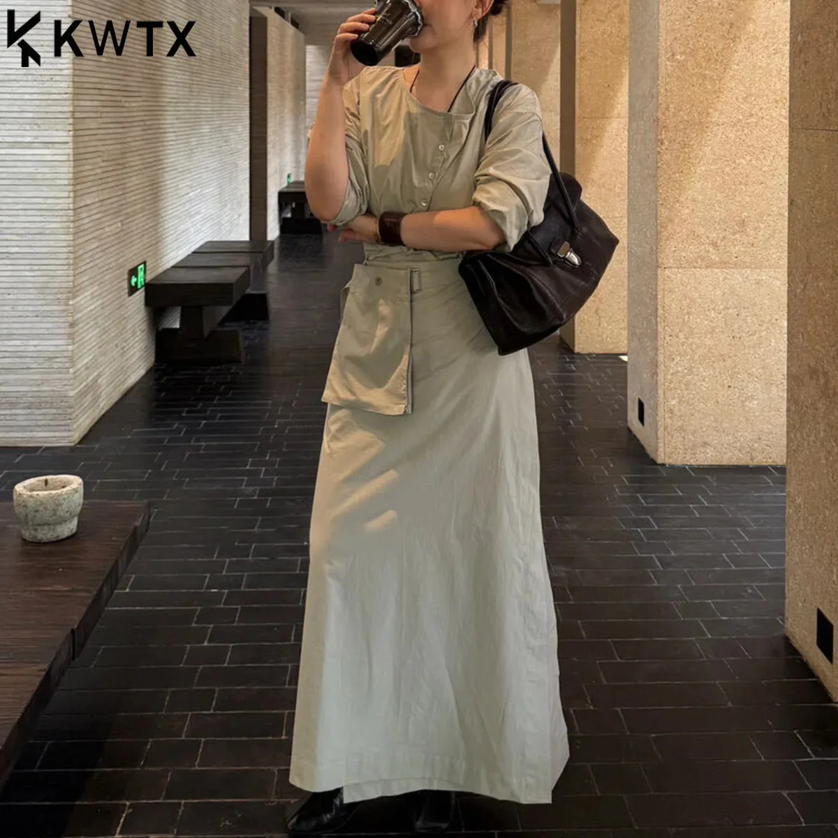 

KWTX 2025 Fashion Women's Loose Wrap Blouse + Long Button Skirt Set With Belt & Waistbag, Elegant Office Wear, Casual Chic