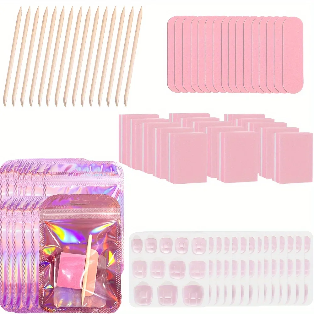 Juego de 15 herramientas de preparación para uñas, Kit de manicura desechable de 75 Uds con lima de uñas, amortiguador, pestañas adhesivas para uñas, palo de madera, Hologra