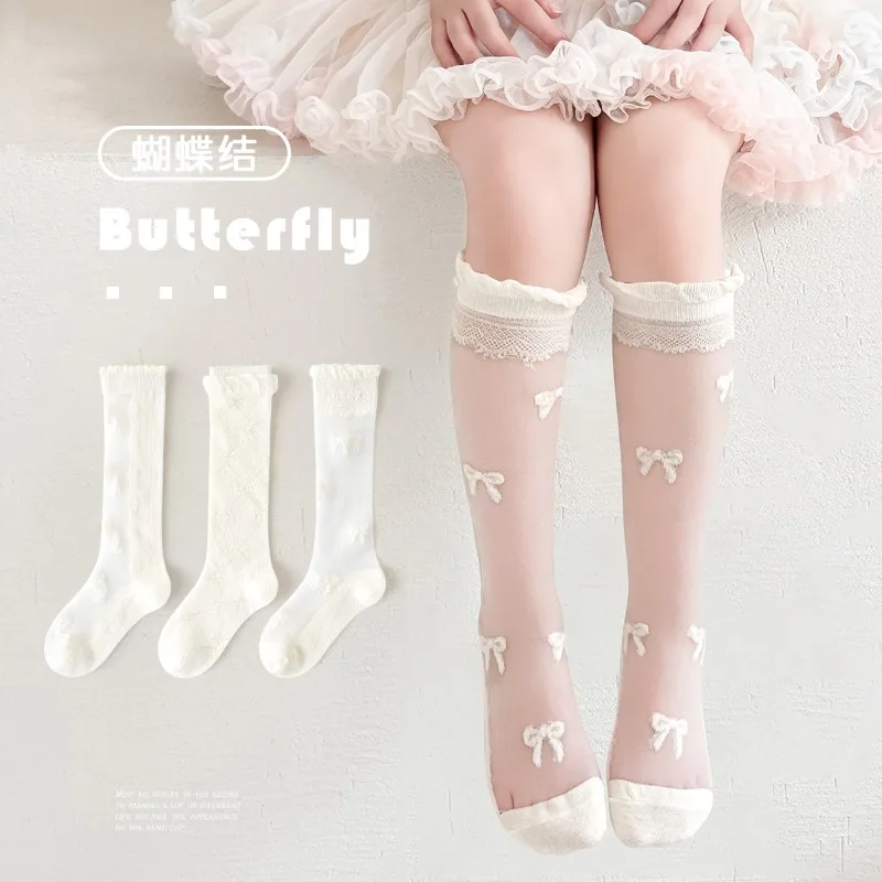 

Spring Summer Princess Bow Calf Socks Kids Girl Long Lace Harajuku Casual Sweet Kawaii Breathable Lolita Mesh Sock for Children
