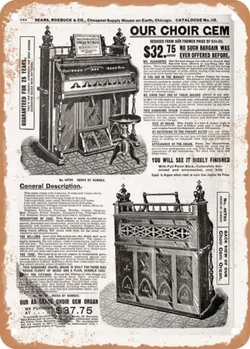 METAL SIGN - 1902 Sears Catalog Pianos Page 194 - Vintage Rusty Look