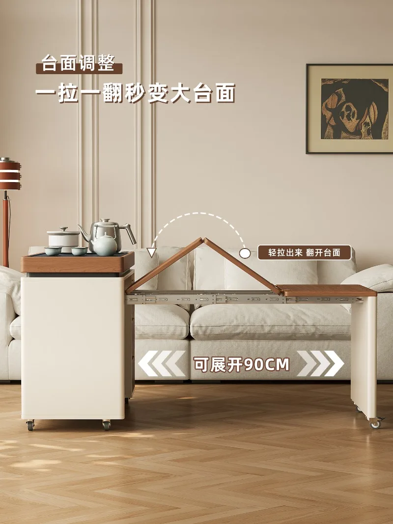 Solid wood mobile coffee table living room home 2025 new high-end small telescopic Kung Fu tea integrated folding coffee table