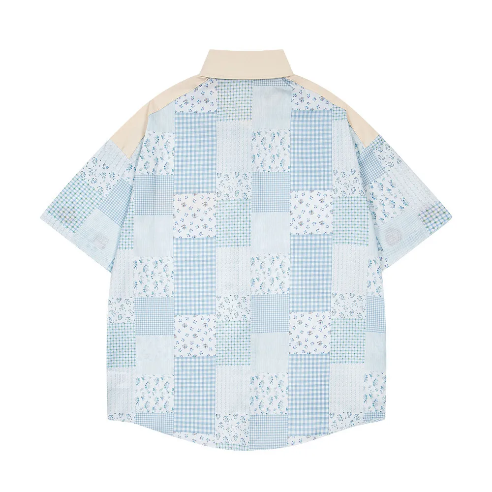 Men‘s Plaid Short Sleeve Shirt Cartoon Embroidery Loose Hip Hop Streetwear Casual Summer Top Shirts