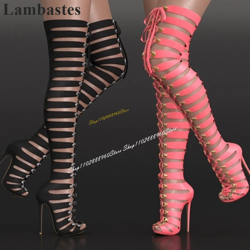 Over The Knee Solid Strappy Cross Tied Sandal Boots Stilettos High Heel Women Shoes Peep Toe 2024 Fashion Zapatos Para Mujere