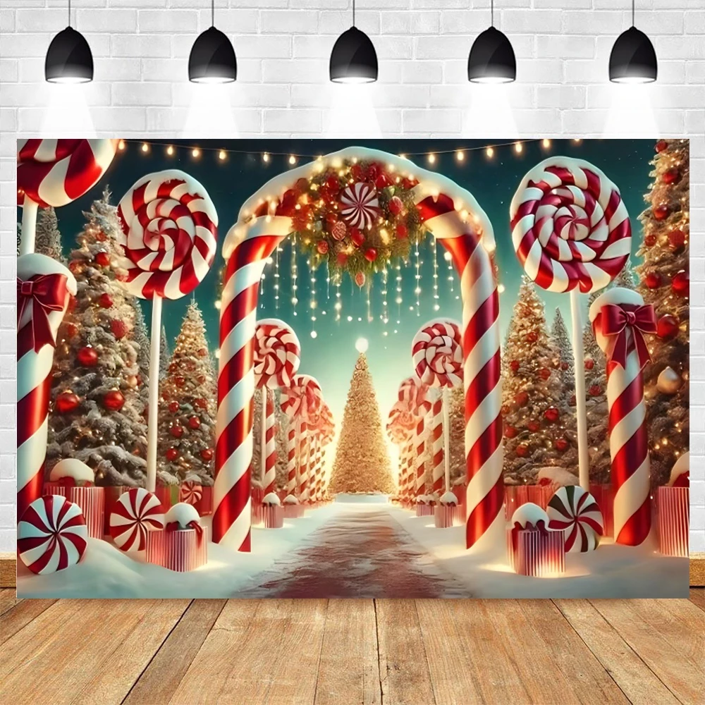 Christmas Candy Cane Photography Backdrops Arch Xmas Tree Lights Festive Kid Family Celebration Portrait Decor Photo Backgrounds