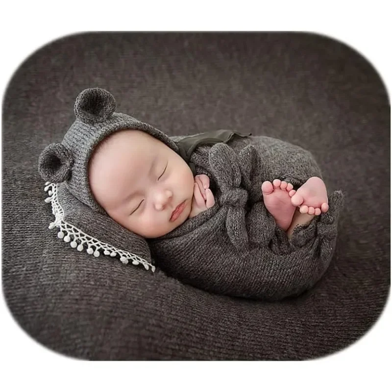 مجموعة قبعة برينس بير وحقائب قماط - ملابس خلفية للتصوير الفوتوغرافي لحديثي الولادة - 3 قطع دعائم استوديو مع فرو صناعي