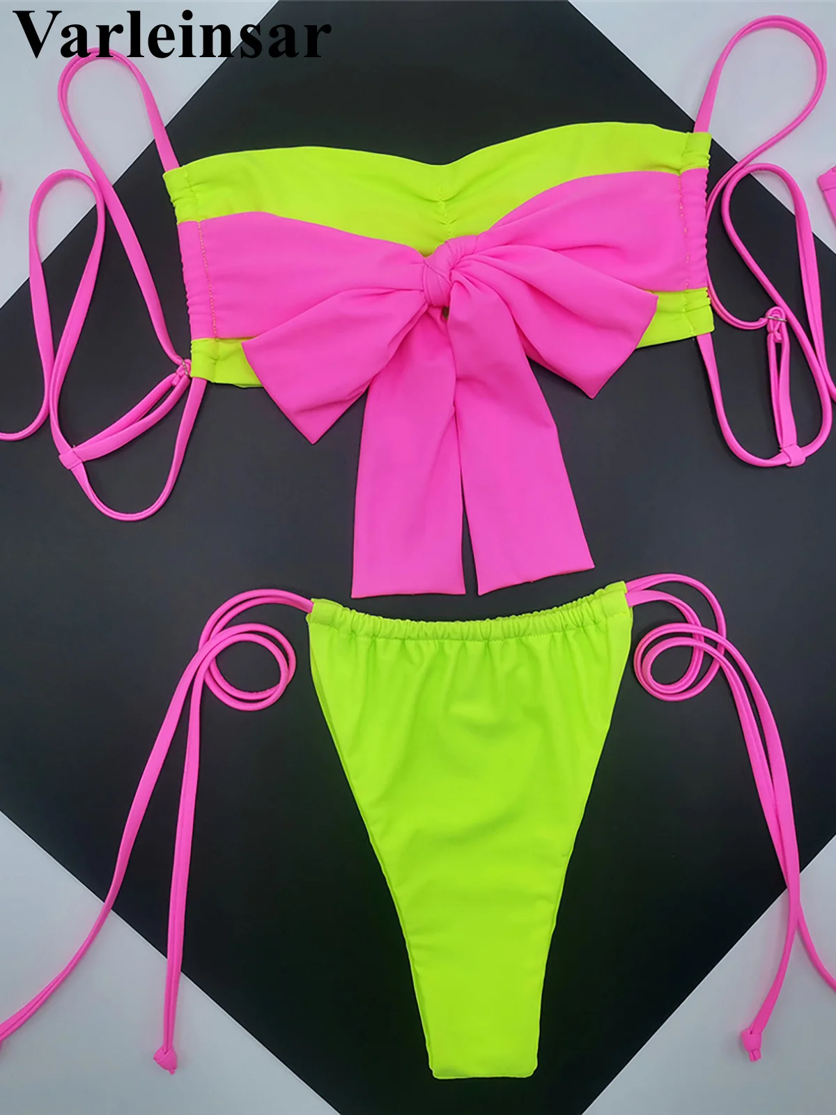 Splicing Bow Tie Strappy High Leg Cut Bikini Women Swimwear Female Swimsuit Two-pieces Bikini set Bather Bathing Suit Swim V6237