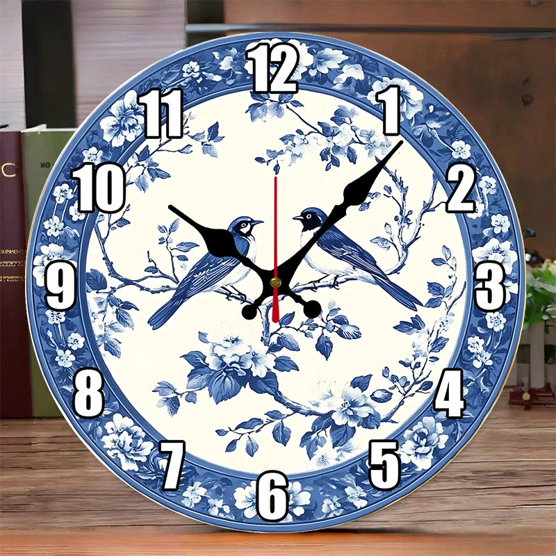 Blue Birds Floral Wooden Round Silent Hanging Wall Clock, Suitable For Living Room, Office, Study Room, Bedroom, Home Decoration