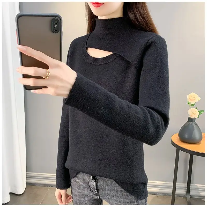 

Half High Women's Autumn Winter New Thickened and Plush Flocking Solid Color Slim Fit Hollow Knit Bottom Long Sleeve Sweater