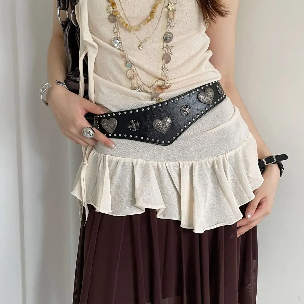 

Gothic Adjustable Metal Rivet Belt Heart PU Leather Wide Elastic Cummerbunds Metal Punk Waist Corset Dress