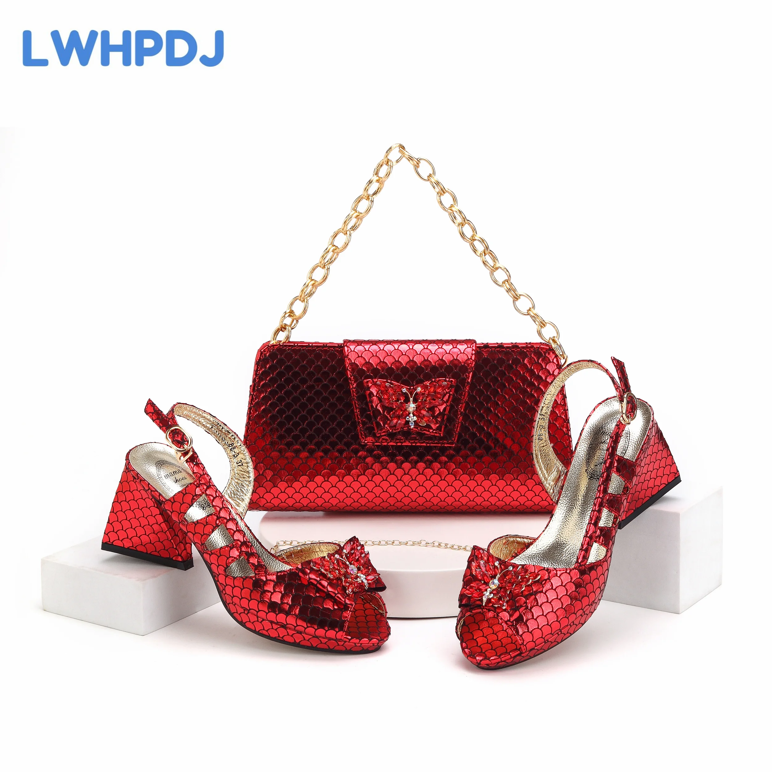 Red Color New Stitching Design Flash Diamond Decoration Mature Women\'s Bag With Nigerian Comfortable Shoes