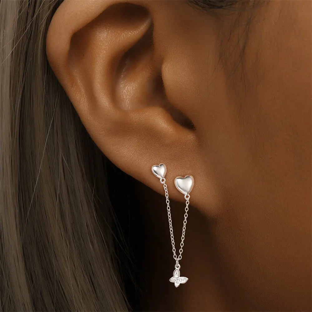 Aide 1pc 925 Sterling Silver Cross & Heart With Chain Two Stud Earrings For Women Hypoallergic Elegant Piercing Easter Jewelry