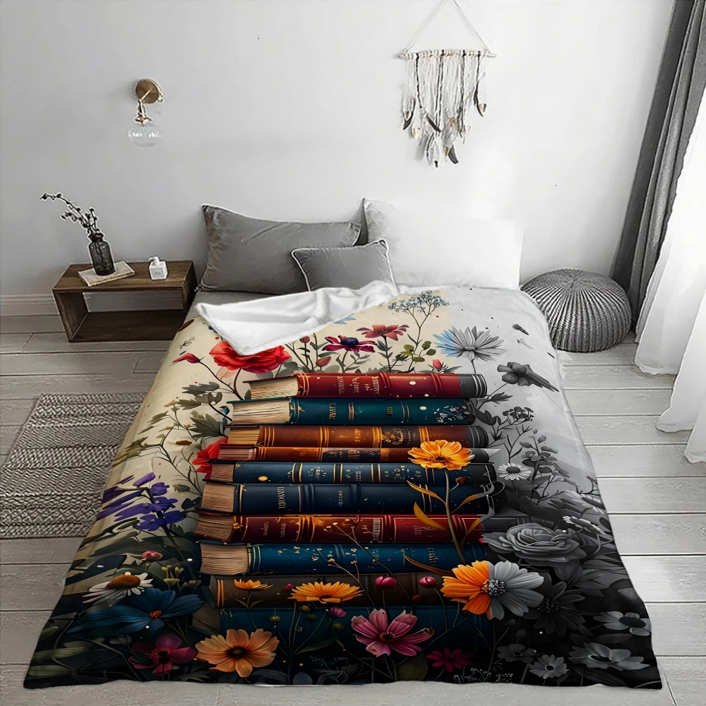 Bohemian Floral Bookshelf Throw Blanket for Home Decor Vintage Library Botanical Aesthetic Cozy Fall Autumn Bed Accent Gift