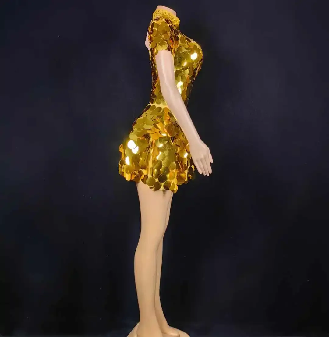 Gold Sequins ผู้หญิง Shinning ชุดแขนสั้น Carnival Bling Dancer เชียร์ลีดเดอร์ลาสเวกัส Showgirl ชุดลาก Queen