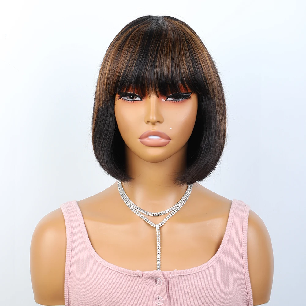 Ready Wear Ombre Brown Short Straight Bob Human Hair Wigs With Bangs For Brazilian Remy Hair Colored 1B/30 Wigs Machine Made Wig