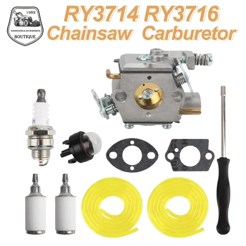 

New 309376002 Carburetor W/Tune Up Kit RY3714 RY3716 Gas Chainsaw Carb Gasket Fuel Filter Fuel Line Hose Spark Plug Primer Bulb