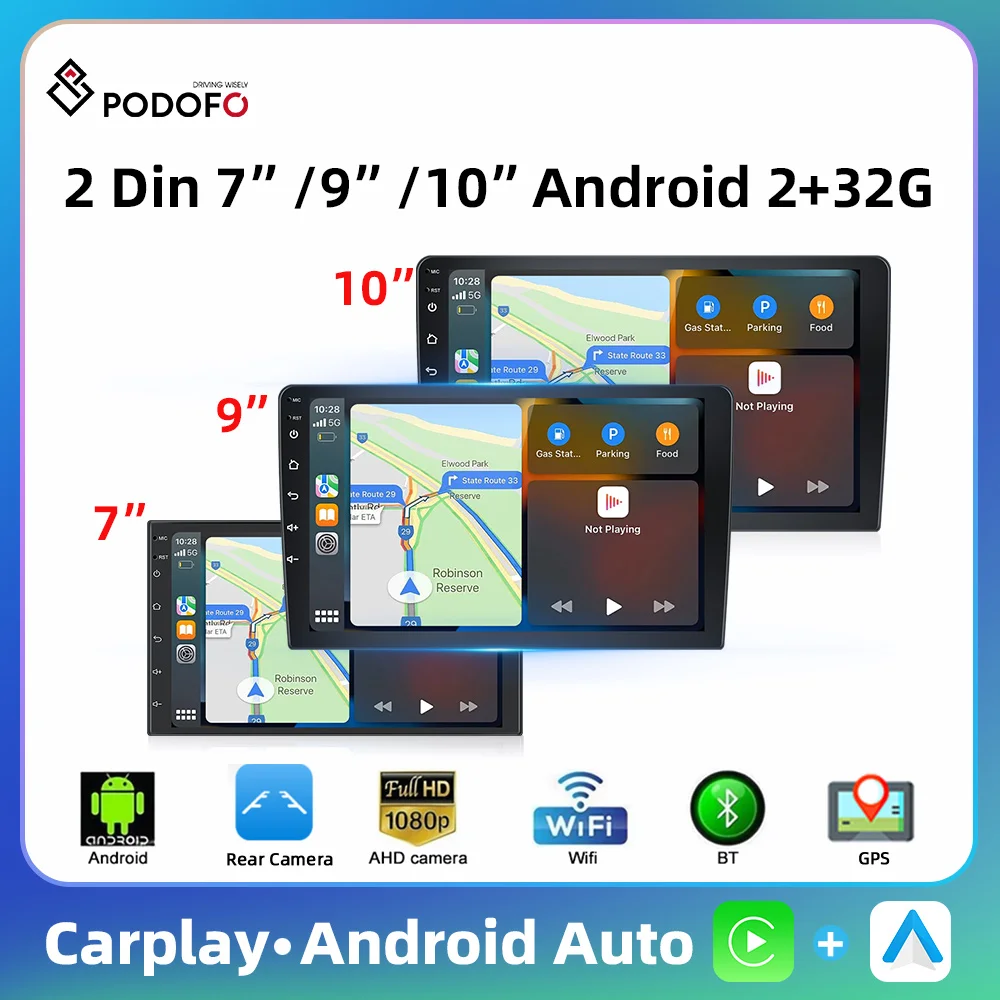 Podofo 7''/9''/10'' 2Din Car Stereo Multimedia Player Carplay Android Auto 2+32G Bluetooth WIFI Navigation GPS FM/RDS Car Audio