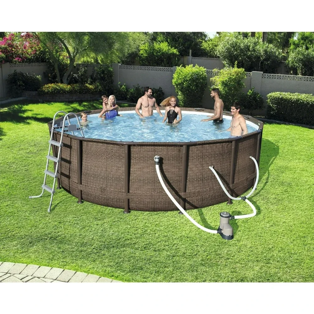 Power Steel 14’ x 42” Round Above Ground Outdoor Backyard Swimming Pool Set with 1,000 GPH Filter Pump, Ladder, and Pool Cover