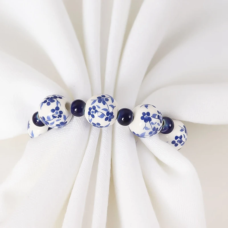 Napkin Ring Napkin Buckle Ethnic Style Hand-Painted Blue White Beads Napkin Ring Home Table Decoration