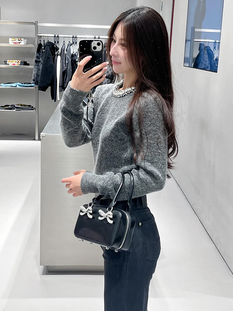 เสื้อสเวตเตอร์ถักฤดูหนาวผู้หญิงหรูหราฝังเพชรเก๋ไก๋ Sle Top Simple Commute Sle Regular Fit Long Sve ort Length