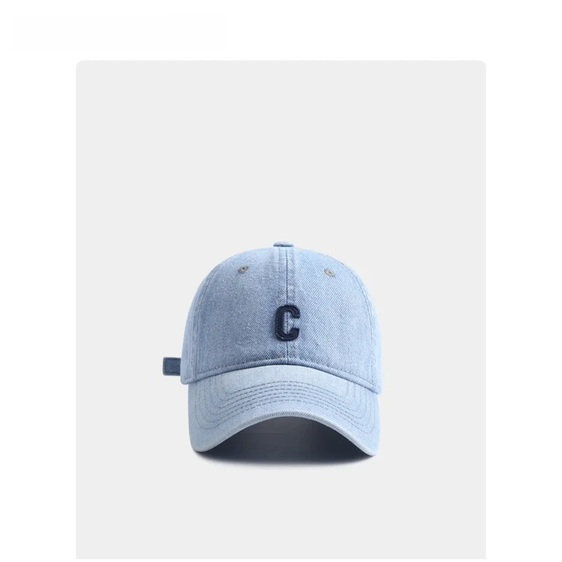 monstar-blue-washed-denim-baseball-cap-women's-casual-letter-c-face-slimming-sunshade-duckbill-cap-adjustable-round-top
