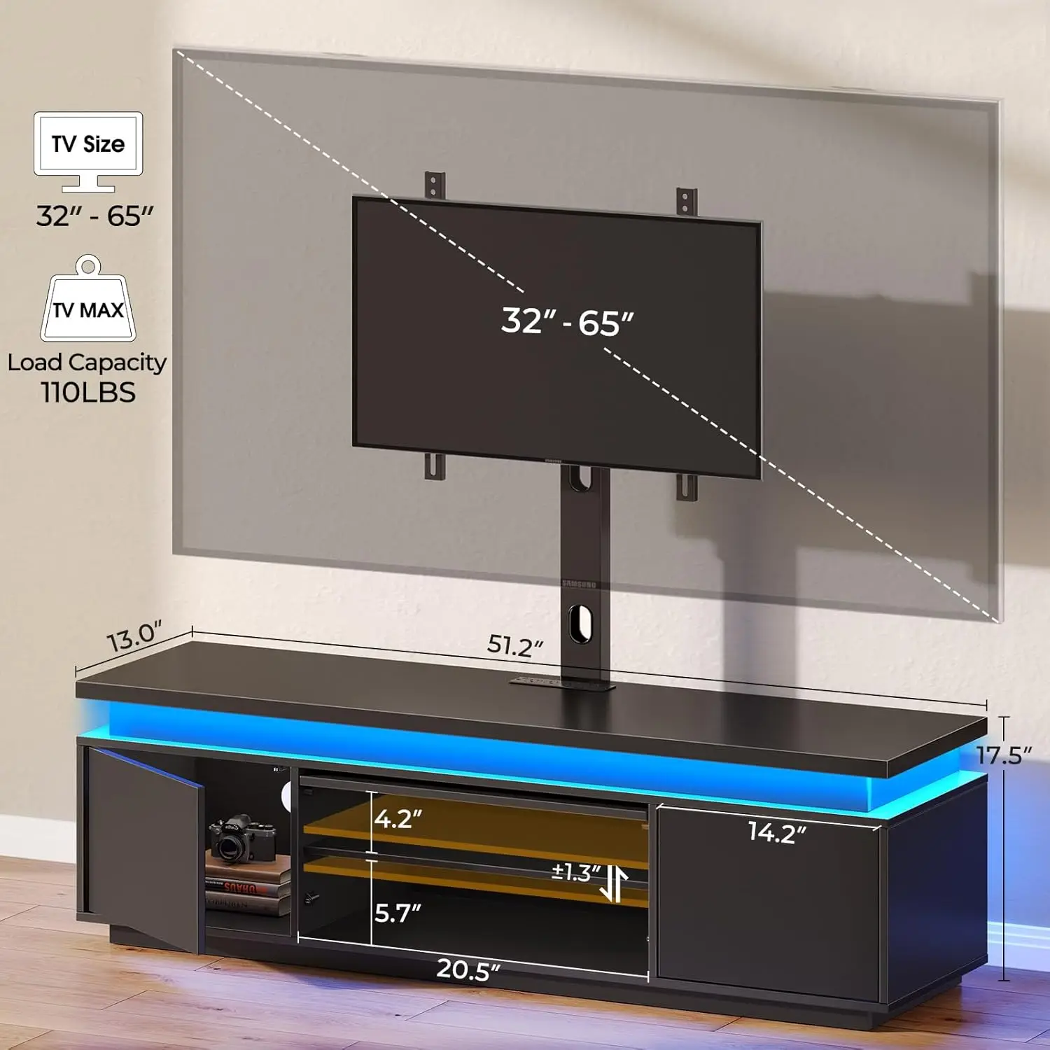 Suporte de TV com suporte e tomada de energia, suporte de TV de 51" para TVs de 32/45/55/60/65 polegadas, centro de entretenimento moderno com armazenamento